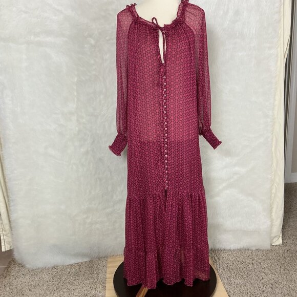 Misa Louisa Floral Long Sleeve Chiffon Midi Dress in Cardinal Red Pink L - Picture 1 of 9
